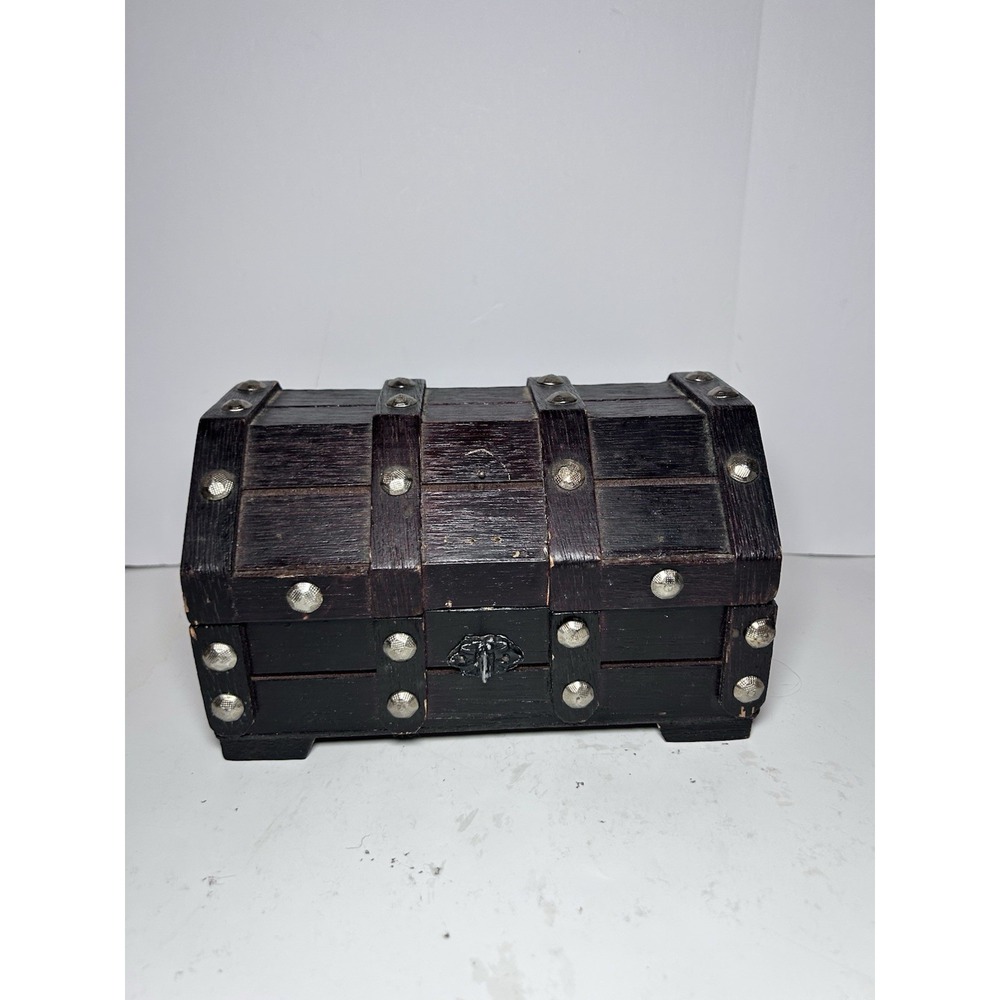 Vintage Pirate Treasure Chest Wooden Jewelry Box Mid-Century Red Velvet Tray